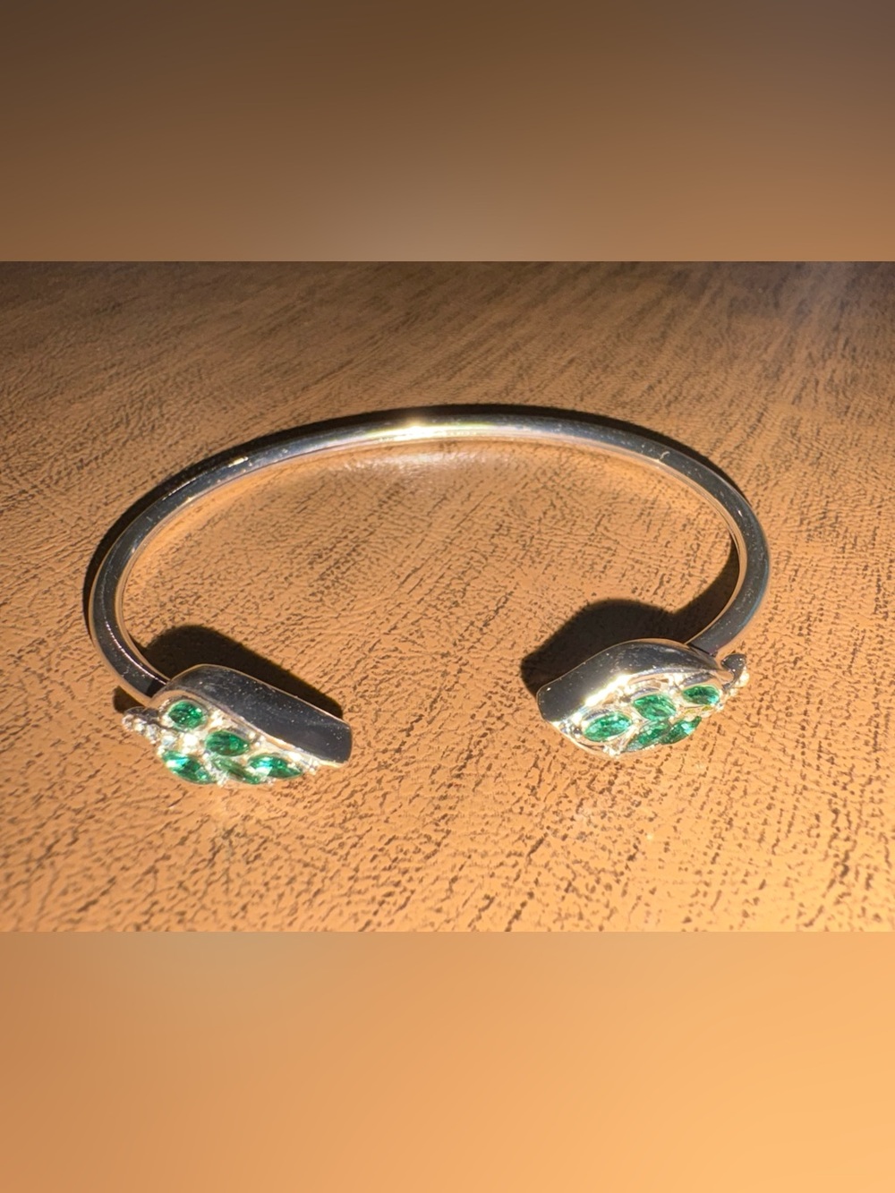 Silver Open Cuff Bracelet with Green Gem Accents